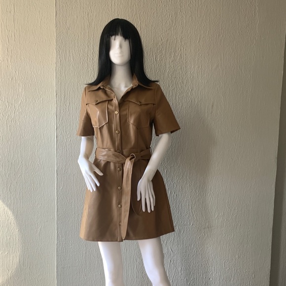 Moon River Beige Faux Leather Trench Mini Dress - Picture 3 of 7